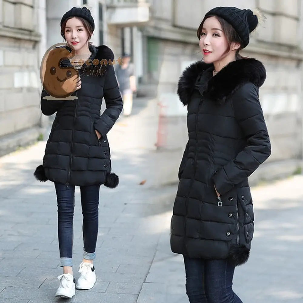 Winter Parka: Faux Fur Down Jacket - Black / M