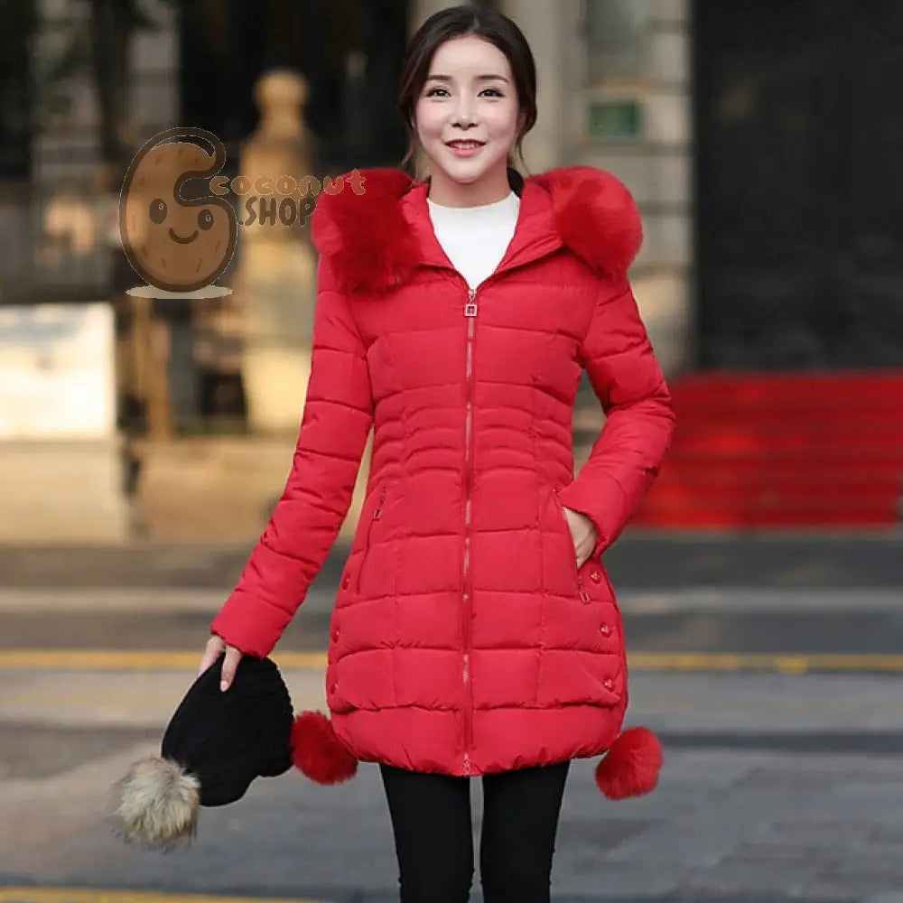 Winter Parka: Faux Fur Down Jacket - Red / M