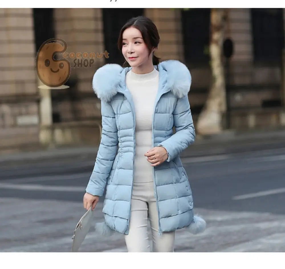 Winter Parka: Faux Fur Down Jacket - Sky blue / M