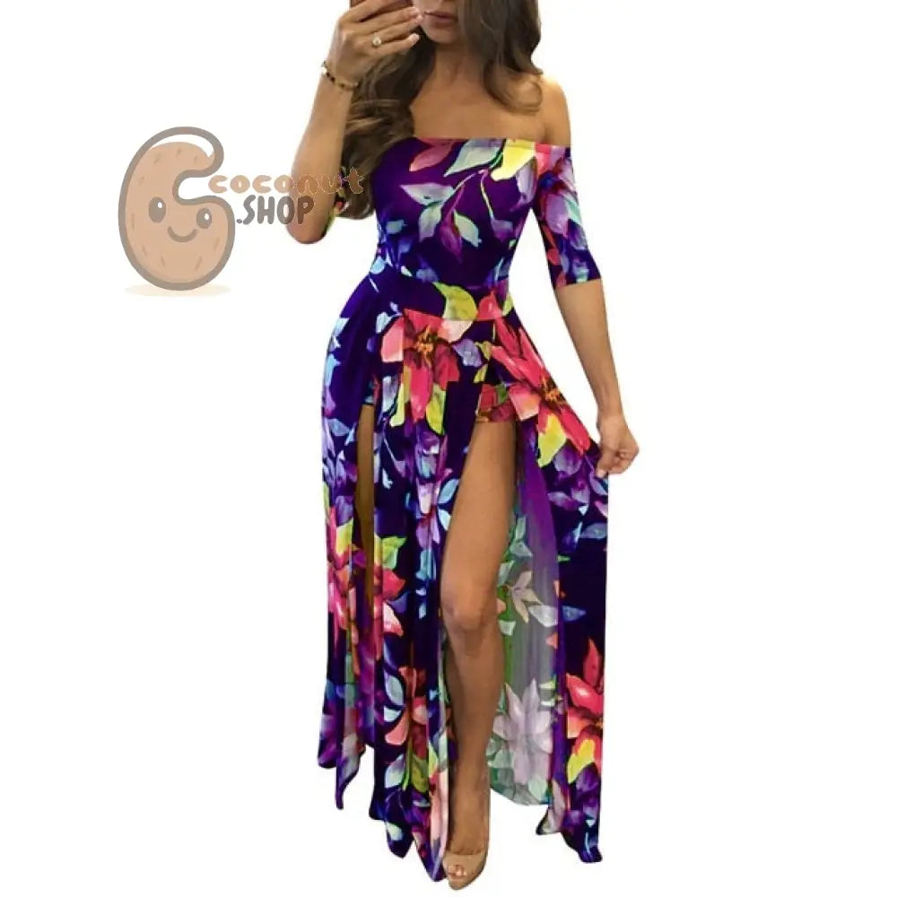 Woman Sexy playsuit Off Schouder Floral Party Short Sleeve Bodycon Cloth High Split Party Club - Lavender / M