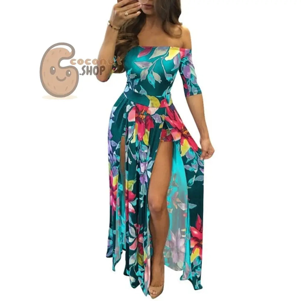 Woman Sexy playsuit Off Schouder Floral Party Short Sleeve Bodycon Cloth High Split Party Club - Green / M