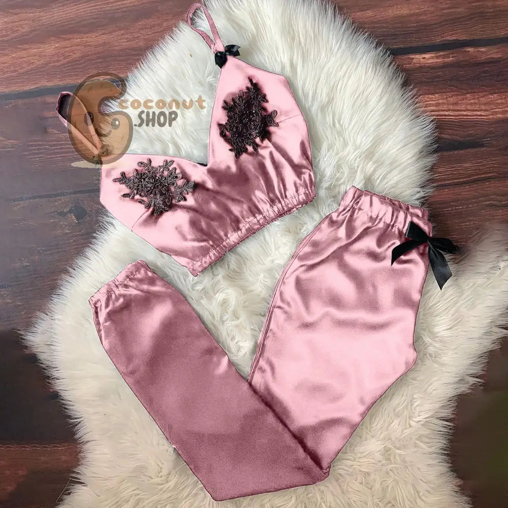 Women Bra Top Pajamas Suit V-Neck Eyelash Lace Sexy Stain Camisole Pajamas Bowknot Long Pants Set Pajamas pijama