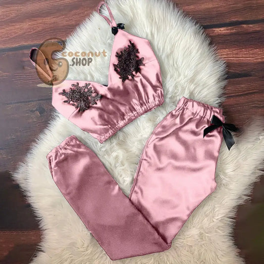 Women Bra Top Pajamas Suit V-Neck Eyelash Lace Sexy Stain Camisole Pajamas Bowknot Long Pants Set Pajamas pijama