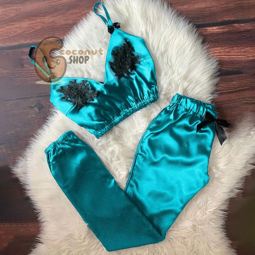 Women Bra Top Pajamas Suit V-Neck Eyelash Lace Sexy Stain Camisole Pajamas Bowknot Long Pants Set Pajamas pijama