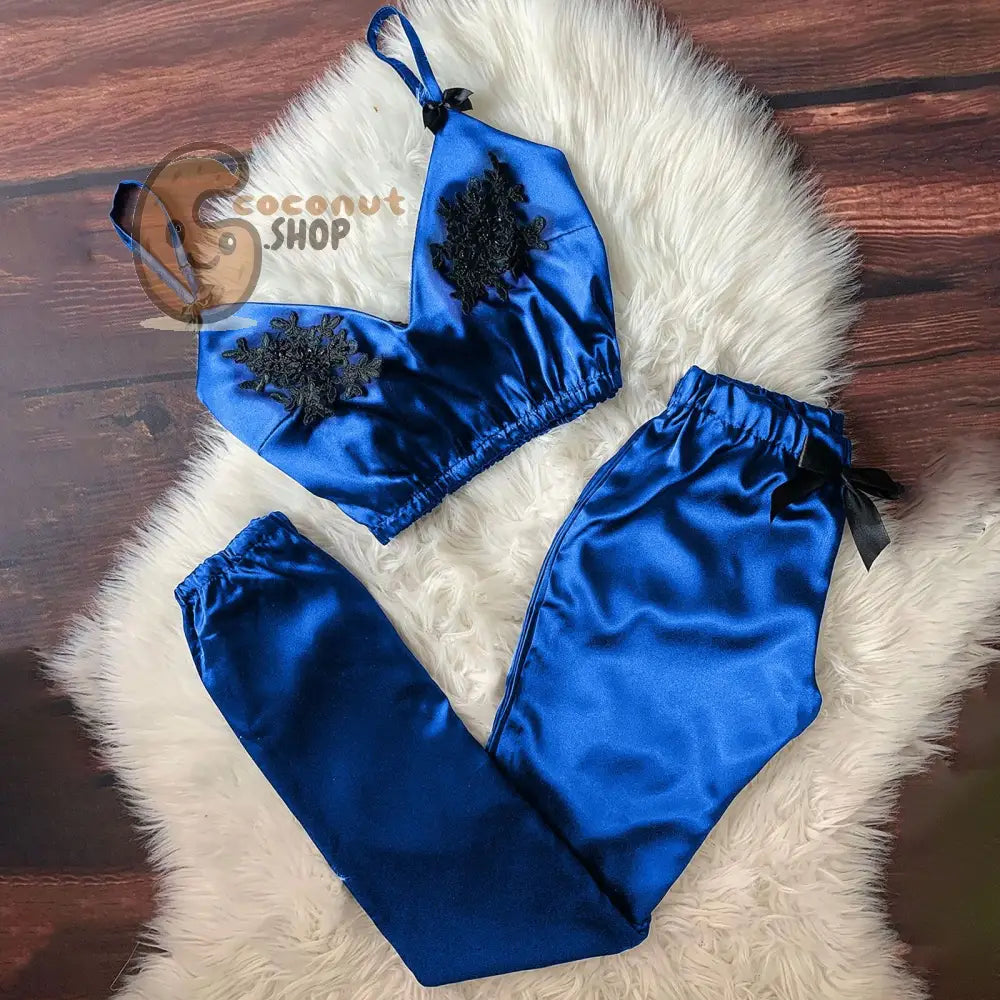 Women Bra Top Pajamas Suit V-Neck Eyelash Lace Sexy Stain Camisole Pajamas Bowknot Long Pants Set Pajamas pijama