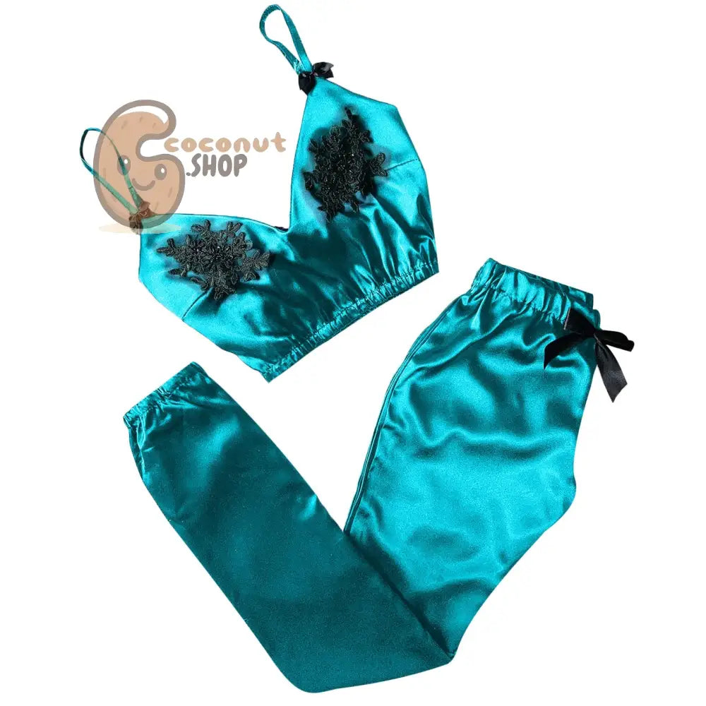 Women Bra Top Pajamas Suit V-Neck Eyelash Lace Sexy Stain Camisole Pajamas Bowknot Long Pants Set Pajamas pijama