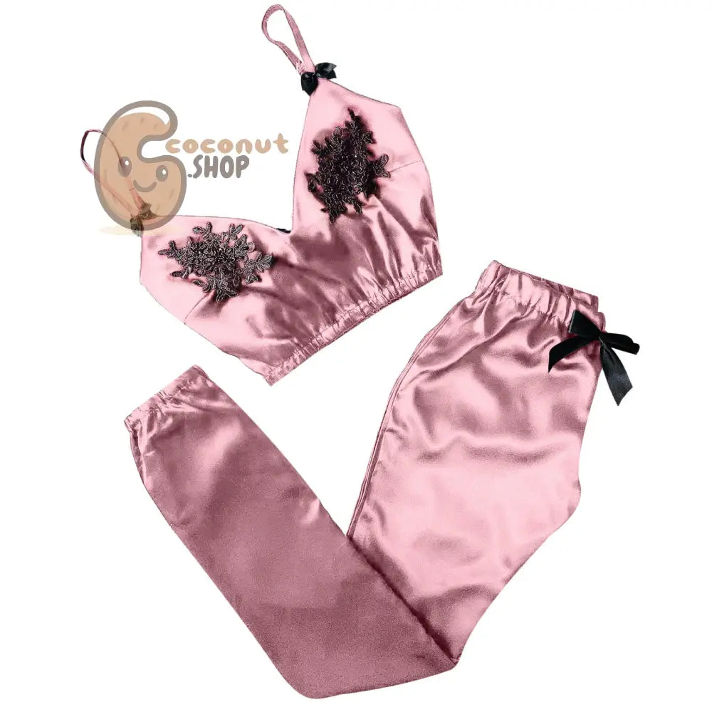 Women Bra Top Pajamas Suit V-Neck Eyelash Lace Sexy Stain Camisole Pajamas Bowknot Long Pants Set Pajamas pijama