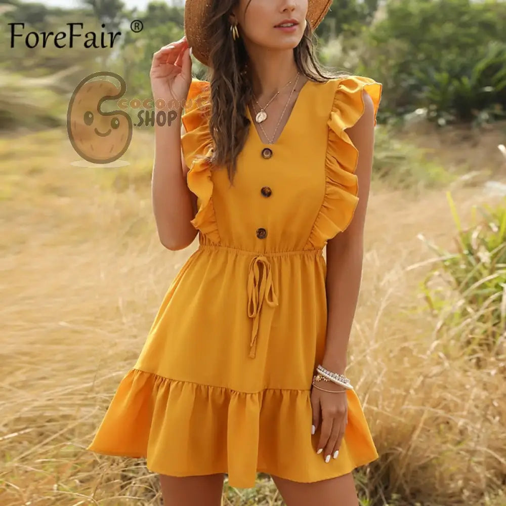 Women Dress Ruffle Off Shoulder Tunic High Waist Party V Neck Casual Boho Beach Yellow Women Summer Dress