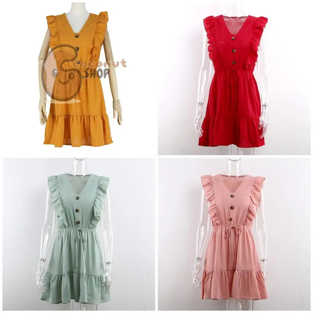 Women Dress Ruffle Off Shoulder Tunic High Waist Party V Neck Casual Boho Beach Yellow Women Summer Dress