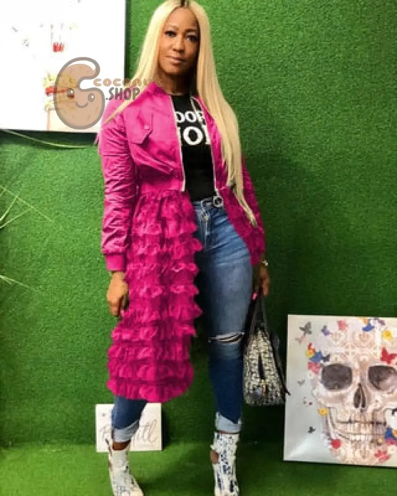 women jacket Long Sleeve zipper dress coat solid mesh lace Ruffle Patchwork long outerwear female Hem Maxi Outerwear