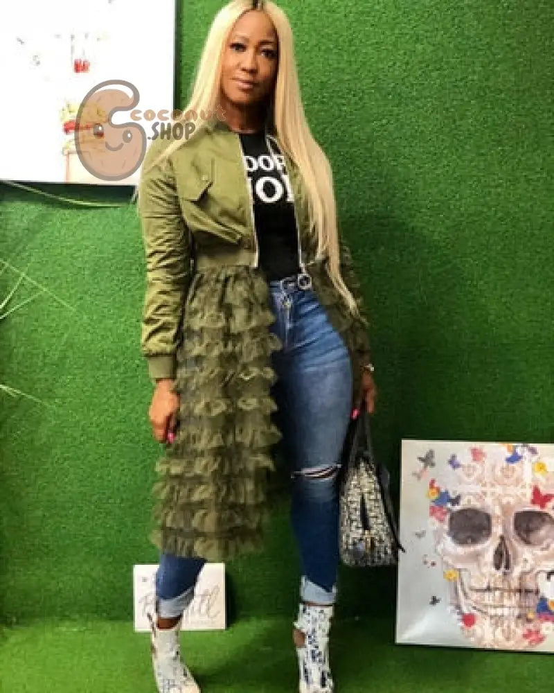 women jacket Long Sleeve zipper dress coat solid mesh lace Ruffle Patchwork long outerwear female Hem Maxi Outerwear