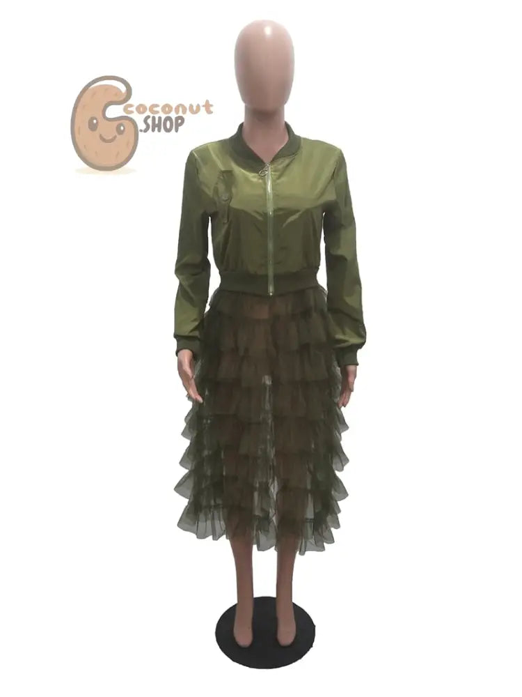 women jacket Long Sleeve zipper dress coat solid mesh lace Ruffle Patchwork long outerwear female Hem Maxi Outerwear