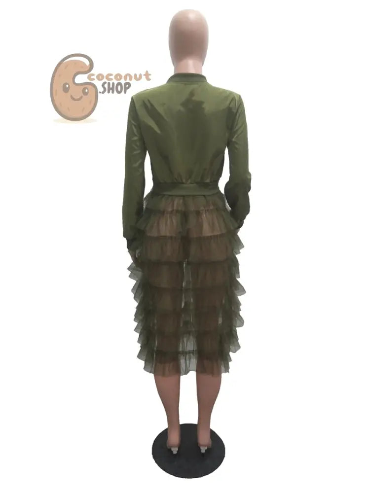 women jacket Long Sleeve zipper dress coat solid mesh lace Ruffle Patchwork long outerwear female Hem Maxi Outerwear