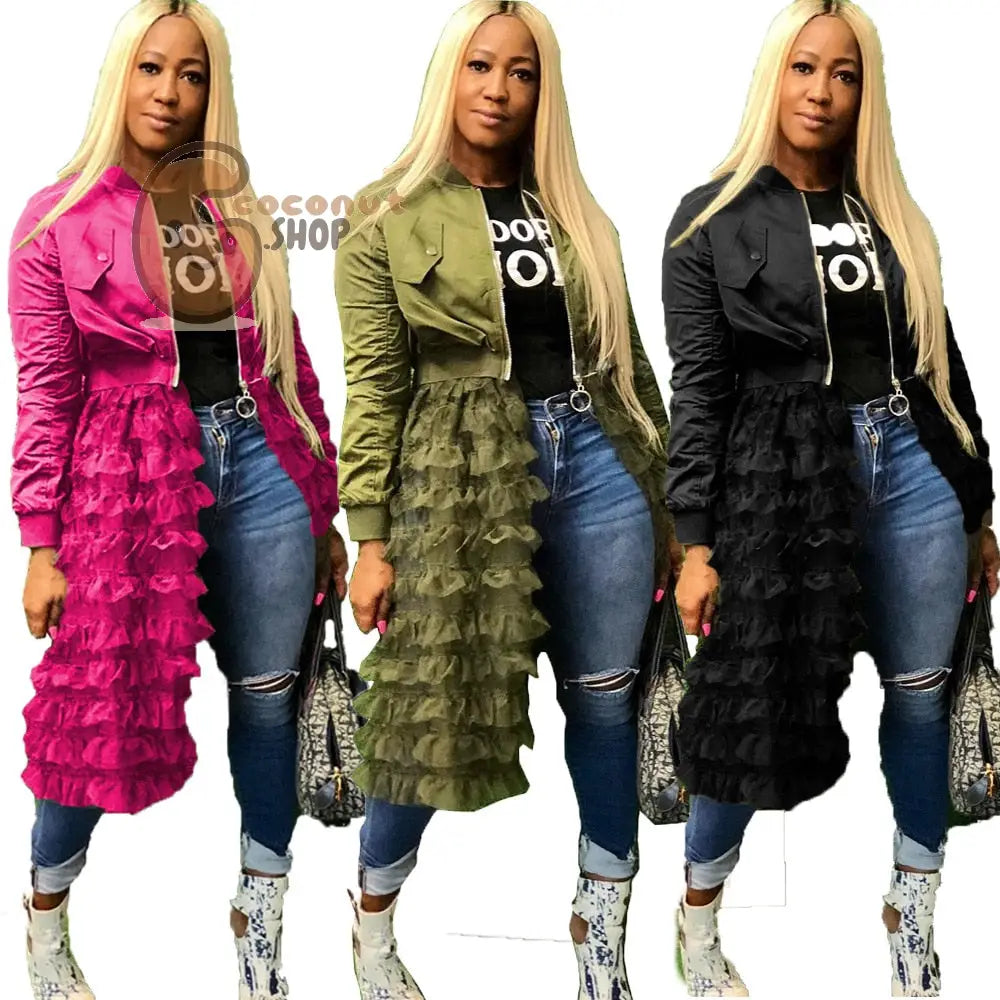 women jacket Long Sleeve zipper dress coat solid mesh lace Ruffle Patchwork long outerwear female Hem Maxi Outerwear