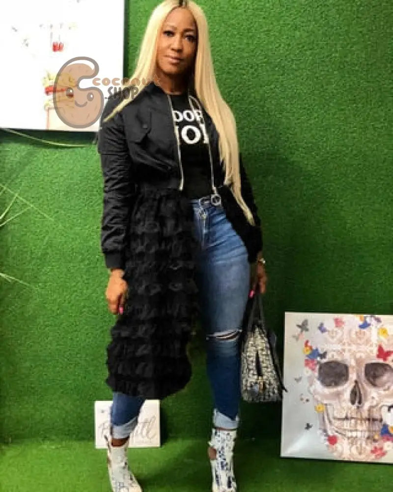 women jacket Long Sleeve zipper dress coat solid mesh lace Ruffle Patchwork long outerwear female Hem Maxi Outerwear