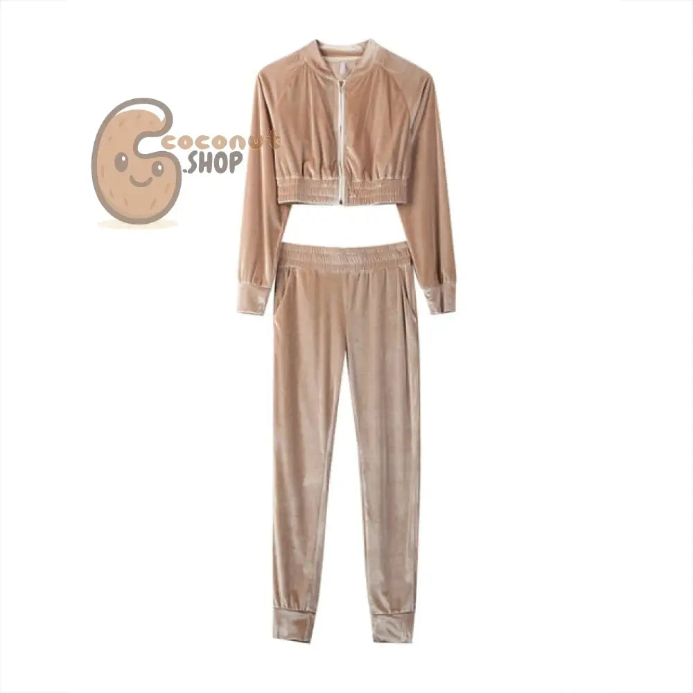 Women Sweatshirt Pants Sets Velvet Tracksuit Velour smooth soft Suit - Beige / S