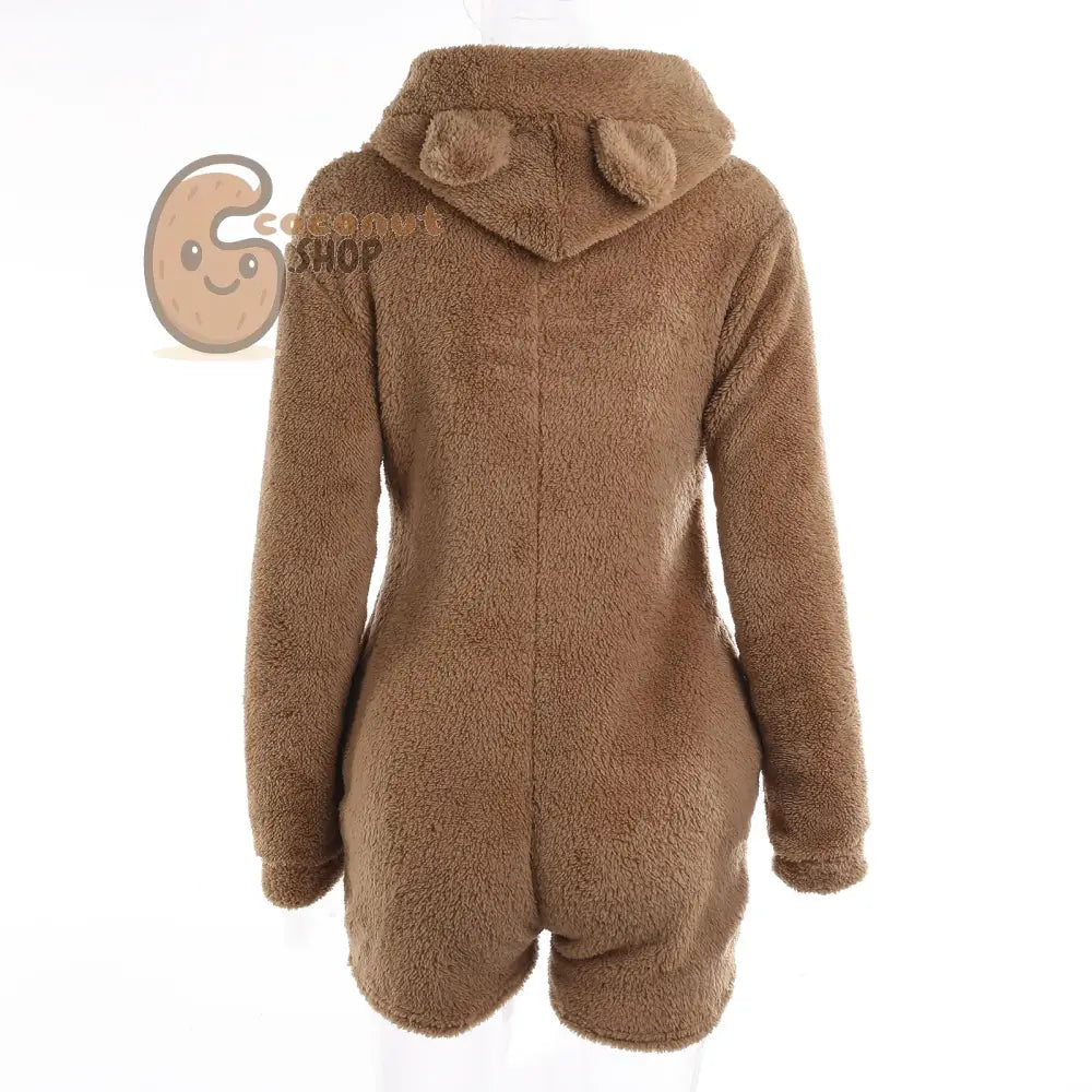 Women’s Cute Teddy Bear Warm Winter Flannel Sleepwear Zipper Hooded Long Sleeve Jumpsuit One Piece Plush Warm Romper