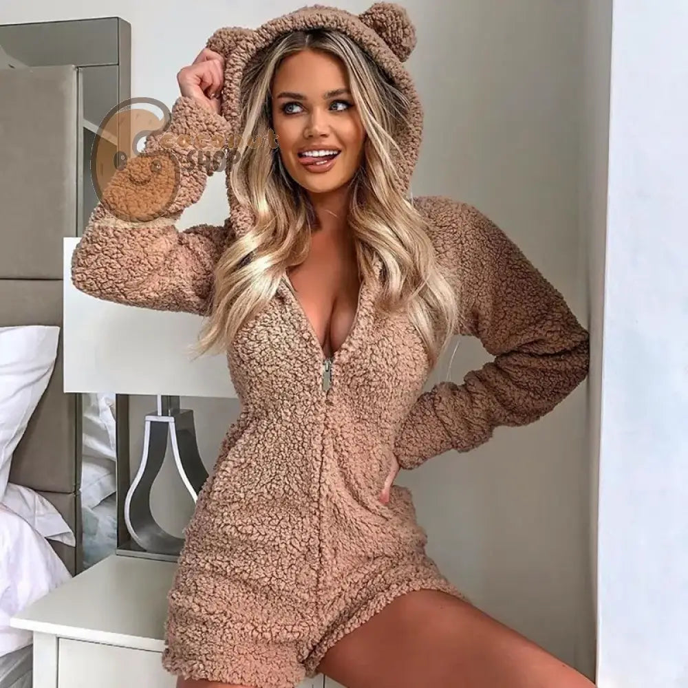Women’s Cute Teddy Bear Warm Winter Flannel Sleepwear Zipper Hooded Long Sleeve Jumpsuit One Piece Plush Warm Romper
