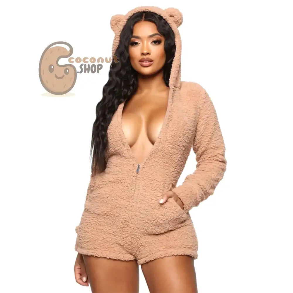 Women’s Cute Teddy Bear Warm Winter Flannel Sleepwear Zipper Hooded Long Sleeve Jumpsuit One Piece Plush Warm Romper
