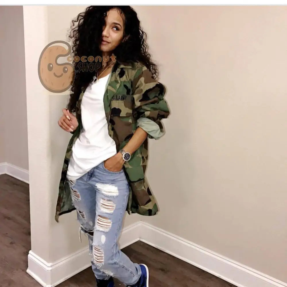 Women’s Green Camouflage long Sleeve Coat