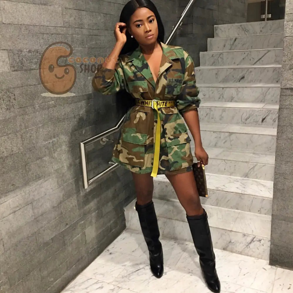 Women’s Green Camouflage long Sleeve Coat - Multicolor / S