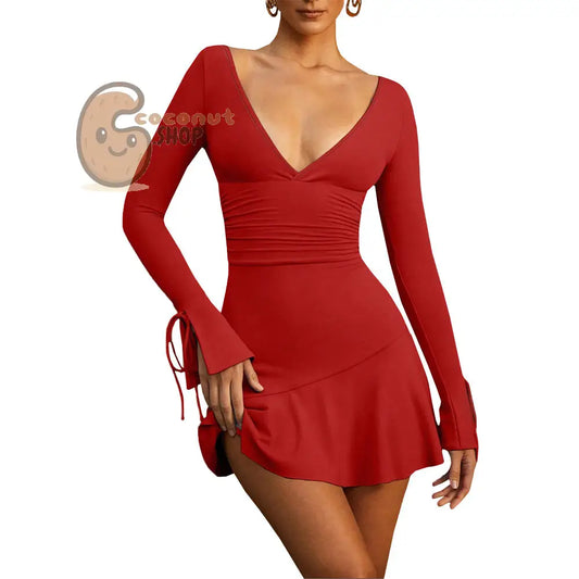 Women’s sexy European and American style dress autumn and winter V-neck backless design short skirt