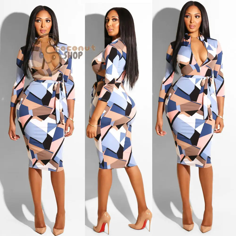 Zipper Dress With Belt Women’s Slim Dress Leopard Print Dress - 2351 Decor / S